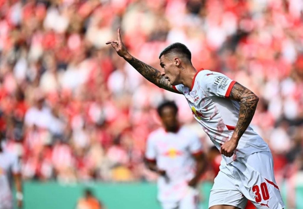 Benjamin Šeško celebrates after scoring for RB Leipzig